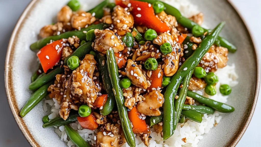 two plates filled with chicken and green beans