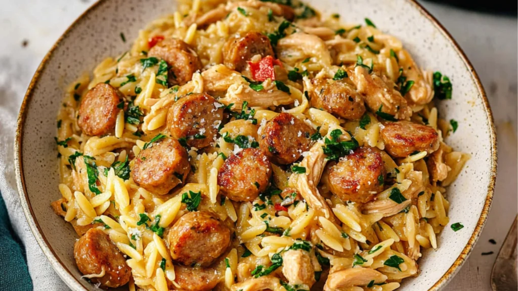 a skillet filled with orzo and sausages on top of a table