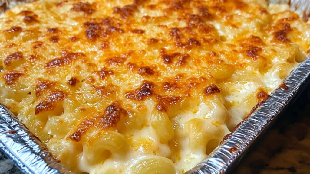 creamy baked macaroni and cheese is served in a casserole dish with a serving spoon