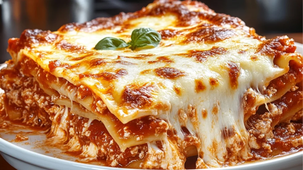 lasagna recipe with meat and cheese on top