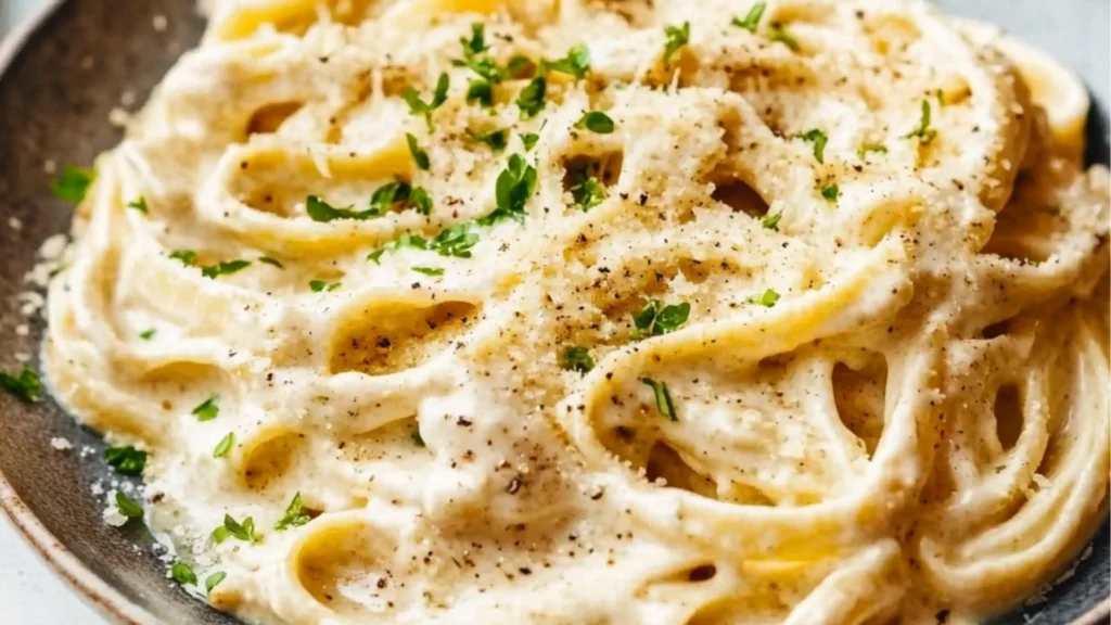 the best alfredo sauce in a pot with a wooden spoon