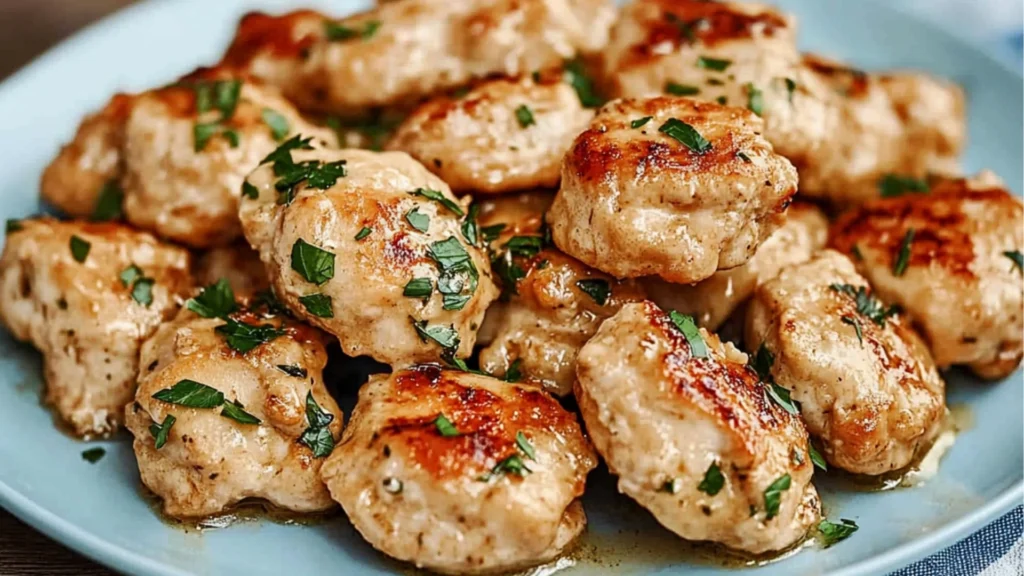 garlic butter chicken bites in a skillet with rice