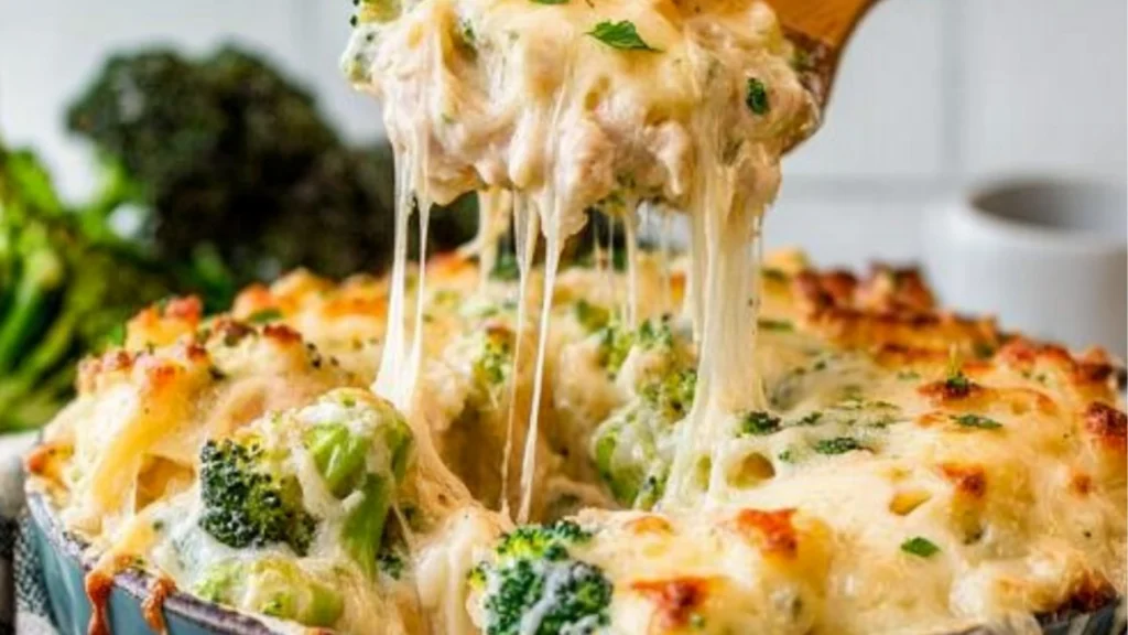 chicken and broccoli baked alfredo in a bowl