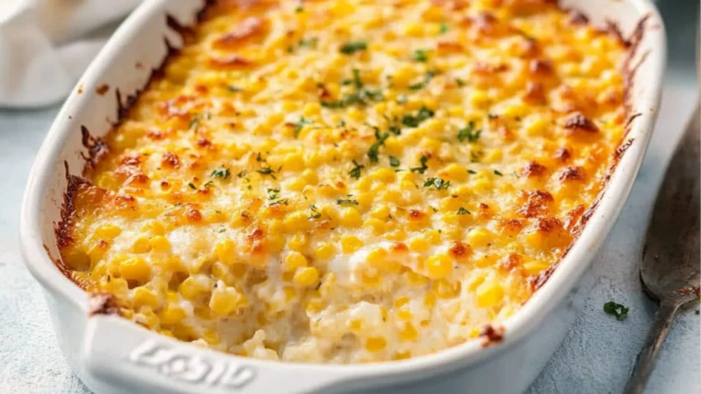 a close up of a casserole on a plate with the words easy corn casserole