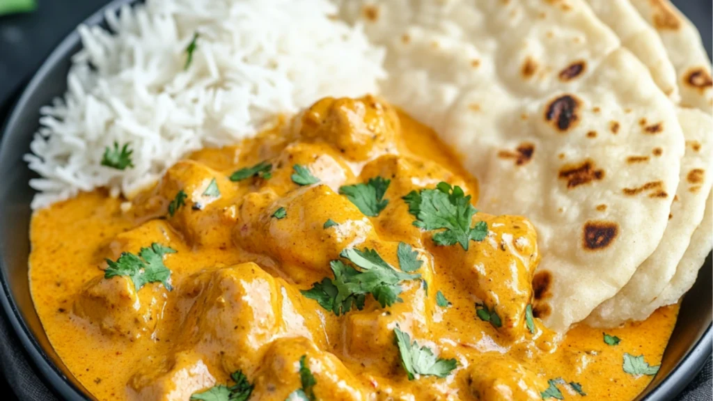 a plate with rice, chicken and naan on it is featured in the ad