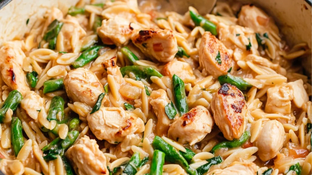 chicken and asparagus pasta in a skillet with the words high protein chicken orzo