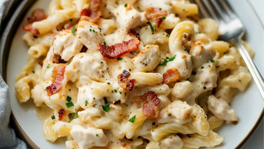 chicken pasta in a skillet being lifted with a fork from the skillet and then topped with cheese bacon