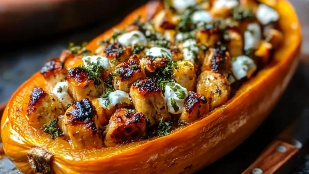 sweet and savory honey roasted butternut squash stuffed with chicken