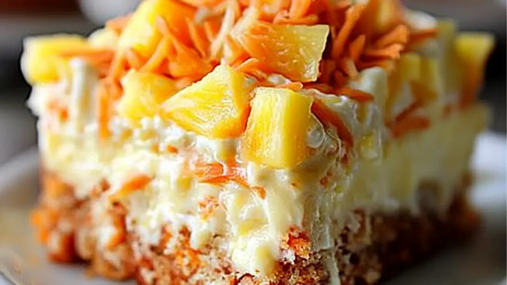 a close up of a piece of cake on a plate with the words hawaiian pineapple carrot cream cake