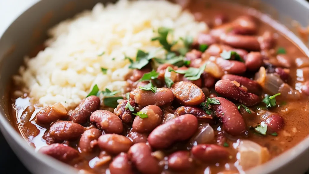 two pictures showing different types of beans and rice