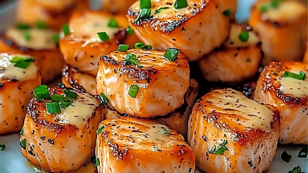 crispy bang bang salmon bites on a white plate