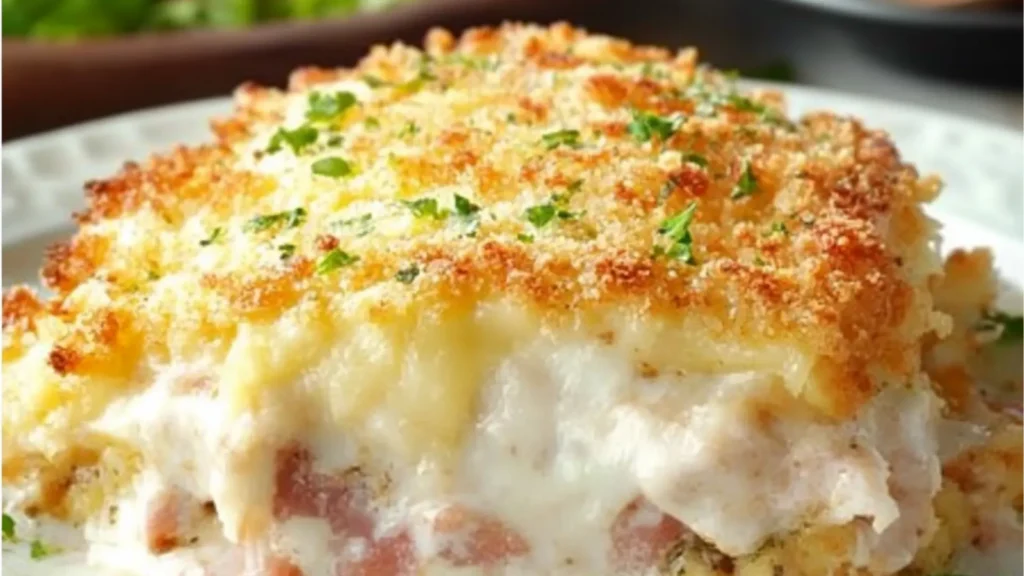 the chicken cordon bleu casserole is topped with cheese and ham