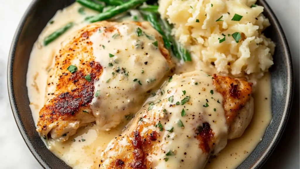 chicken with gravy sauce is being served in a white bowl