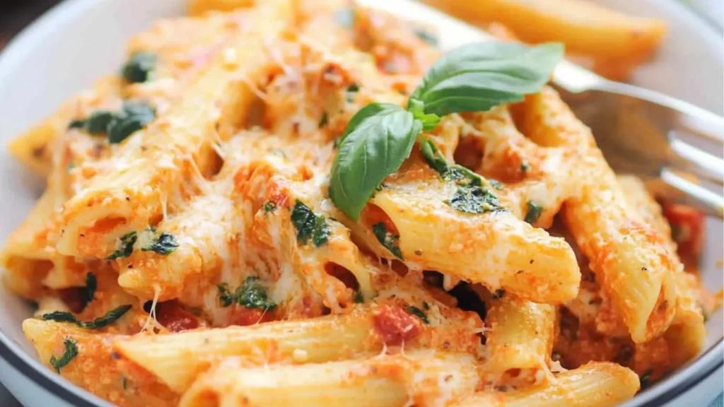 creamy tomato ricotta pasta on a plate with basil