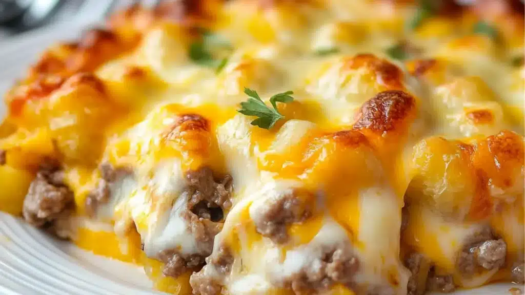 the secret spoon shepherd's pie meets tater tot casserole on a white plate