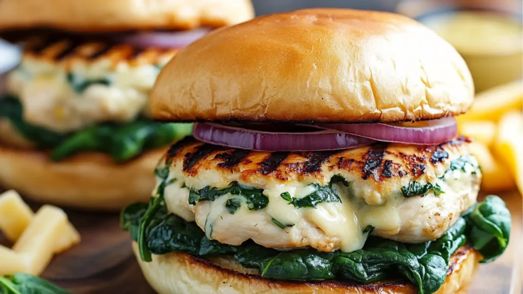 grilled chicken and spinach burgers on buns with greens in the background