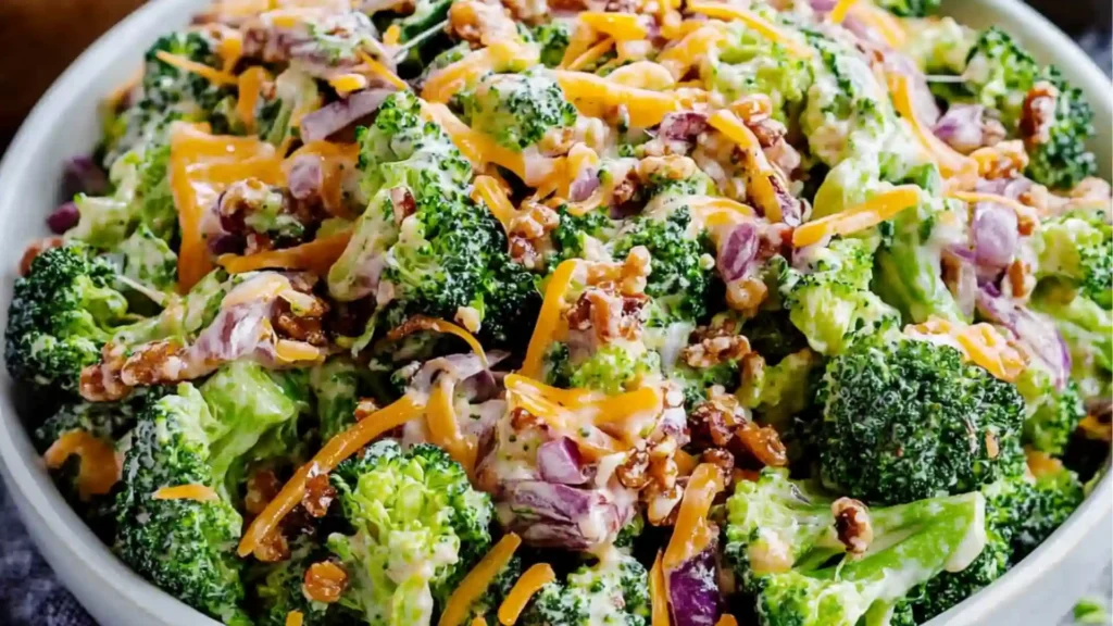 This Broccoli Salad is an Easter side dish recipe made with fresh broccoli, smoked bacon, red onion, and sliced almonds in a slightly sweet mayo base. This salad recipe is also a great addition to your Spring salad ideas!