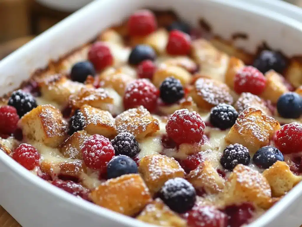 berry french toast casserole on a white plate
