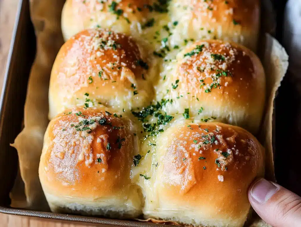 a hand holding a piece of garlic parmesan dinner rolls over a baking pan