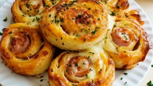 baked ham and cheese rolls with honey mustard glaze in a red baking dish on a white table