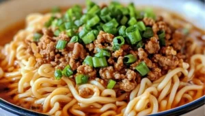 a bowl of noodles with meat and green onions