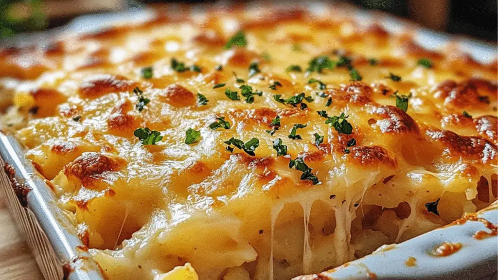 a casserole dish with cheese and parsley in it on a table next to bread