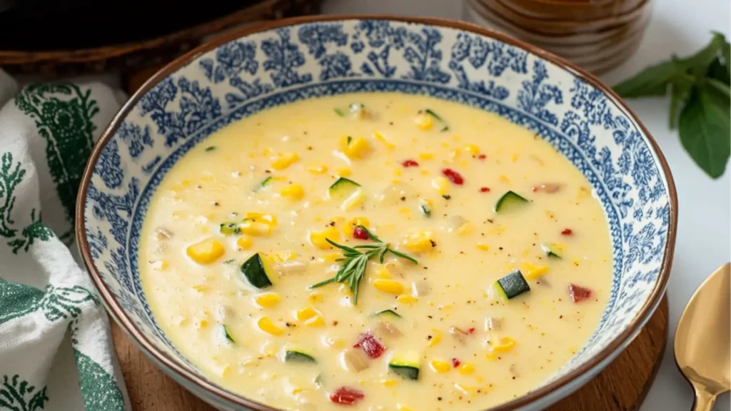 picture with the words summer corn and zucchini chowder