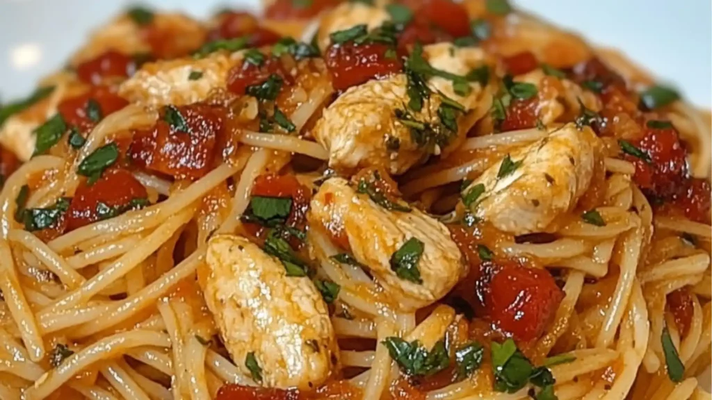 plate of spaghetti with chicken and parsley