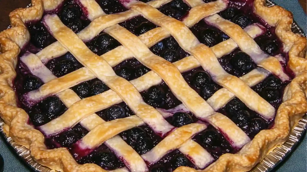 blueberries are being poured into a pie crust