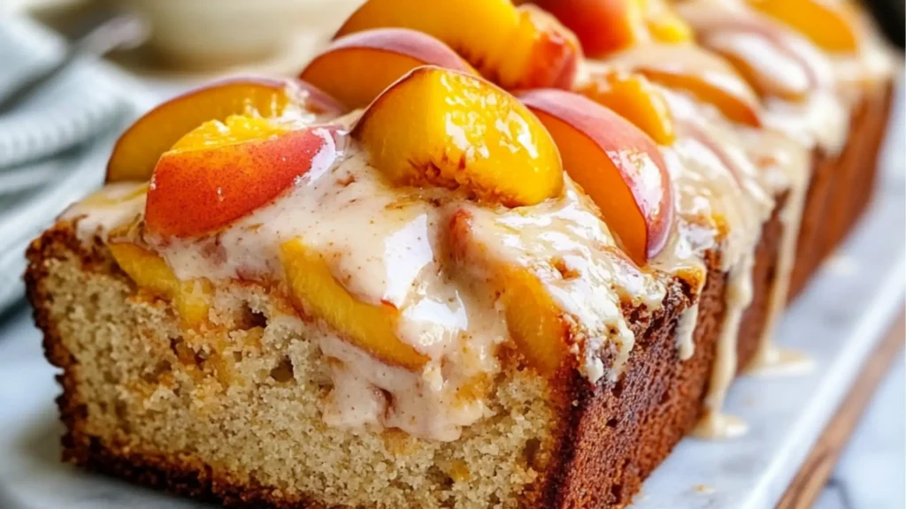 peaches and cream cheese loaf in a pan with the text peaches and cream cheese loaf
