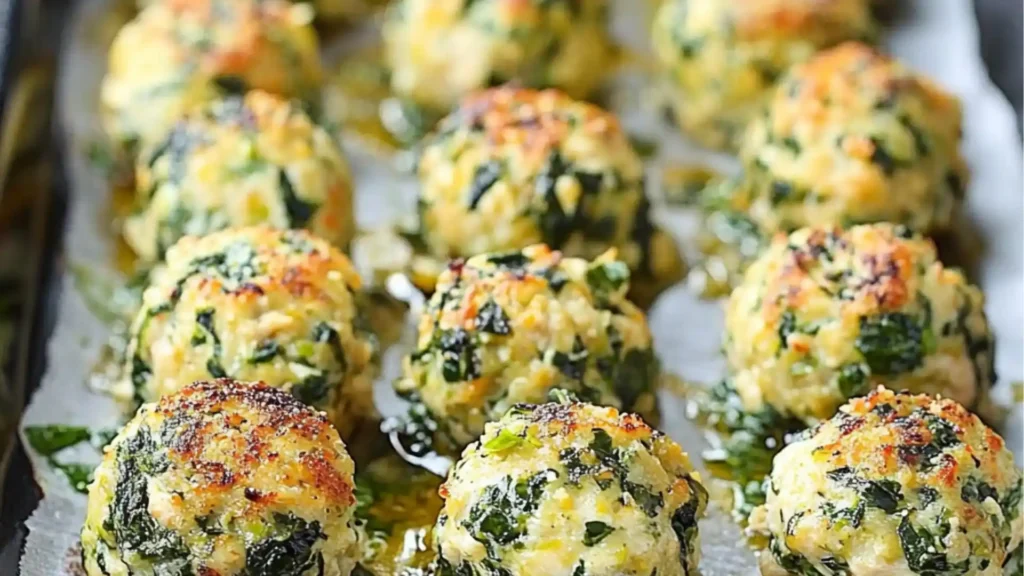 meatballs covered in cheese and spinach are on a baking sheet, ready to be eaten