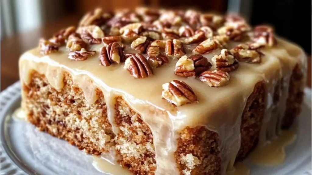 a piece of cake on a plate with pecans around it and the words, butter pecan cake