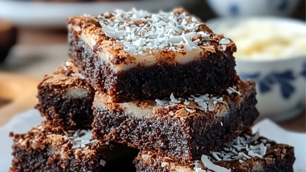 three chocolate brownies stacked on top of each other with the words coconut brownies