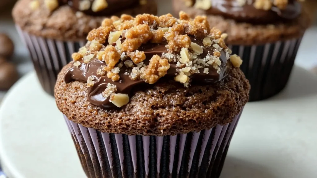 chocolate coffee muffins on a cooling rack with text overlay that reads, chocolate coffee muffins