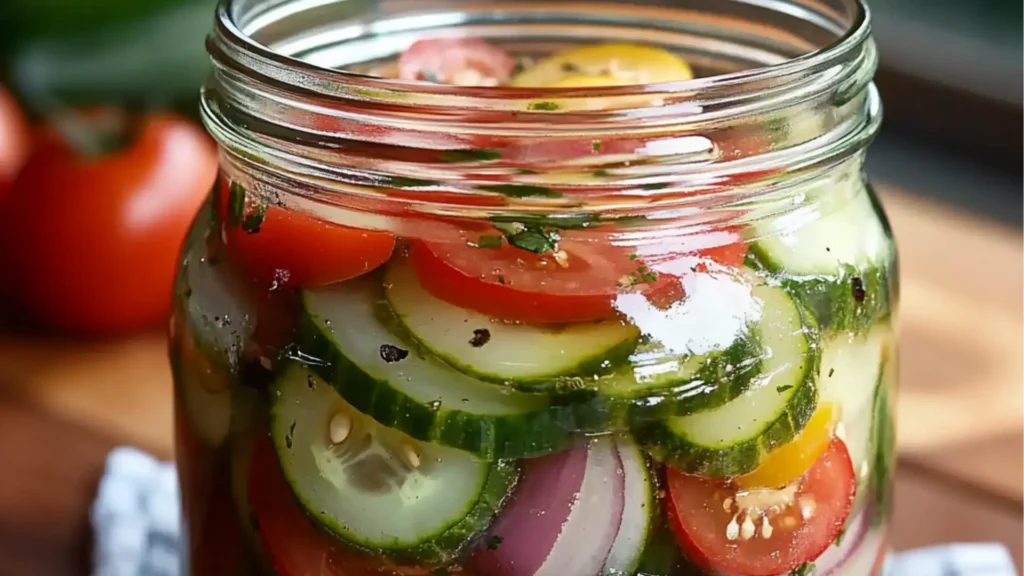 jar filled with cucumbers, onions and tomatoes