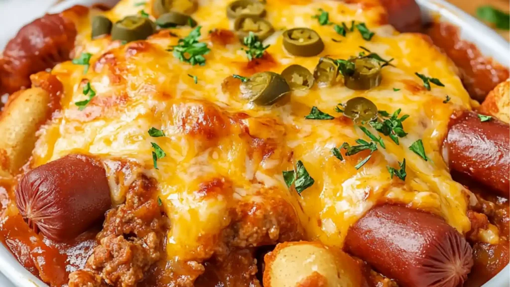 pictures of chili cheese dog casserole with hot dogs in the bottom and on top
