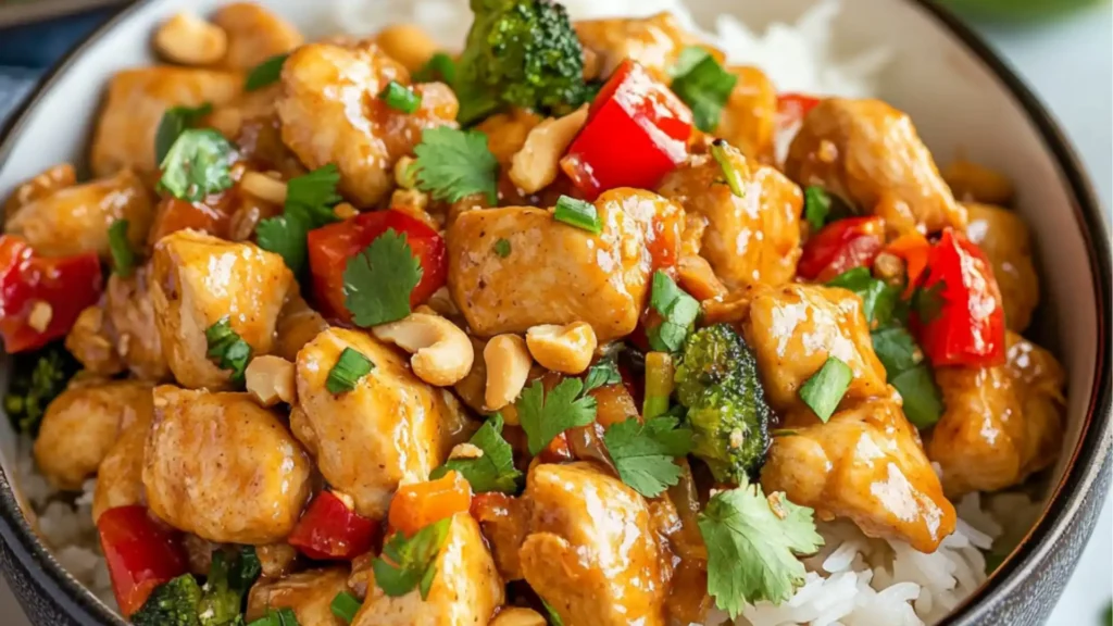 crockpot thai peanut chicken in a skillet with the title overlay reading crockpot thai peanut chicken