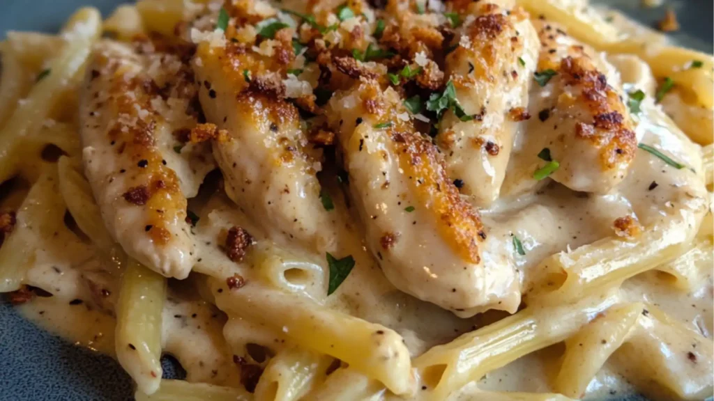 chicken and pasta casserole in an orange pan with the words chicken kive pasta