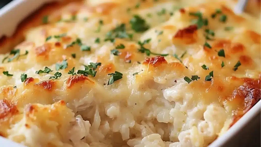 Angel Chicken Rice Casserole presented on a plate. The pin features delicious creamy casserole dish and offers an easy recipe approach with tender chicken and seasoned rice.