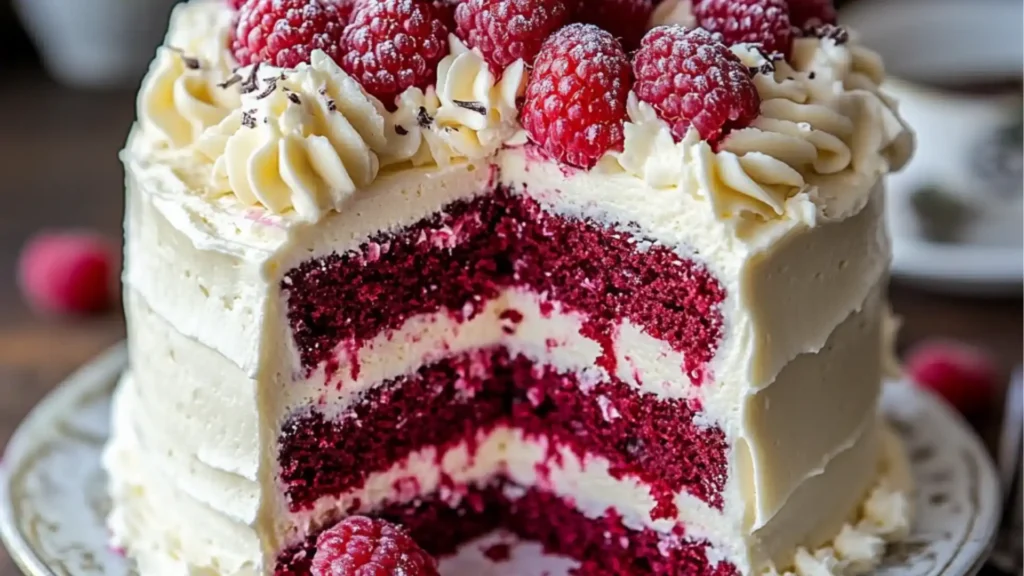 a white chocolate raspberry dream cake on a plate