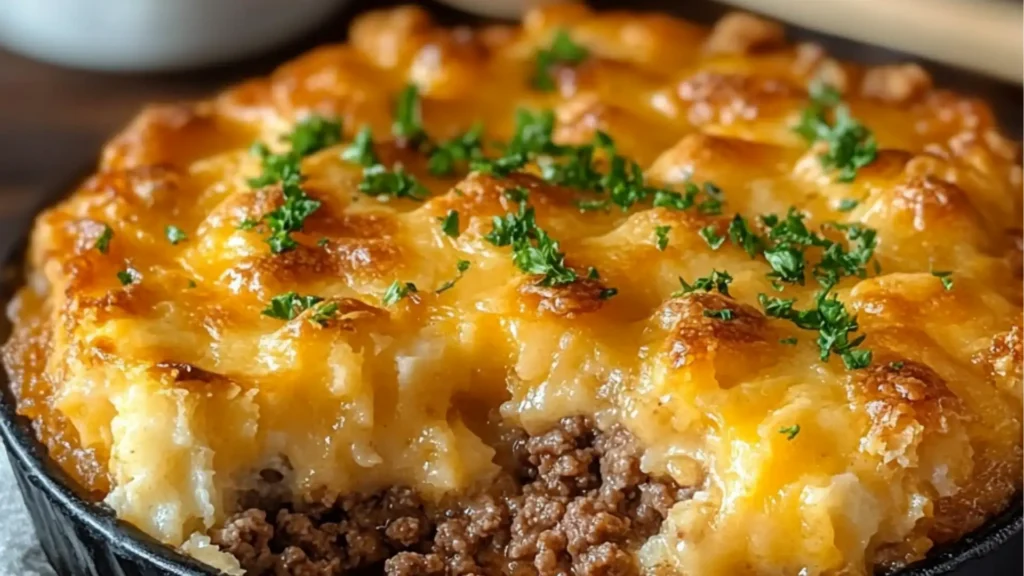 this cheddar bay ground beef cobbler is an easy and delicious casserole recipe