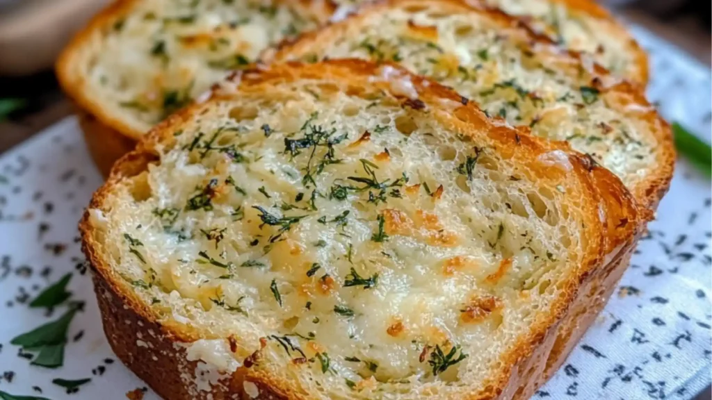 garlic parmesan herb bread on a baking sheet with text overlay that reads rustic garlic parmesan herb bread