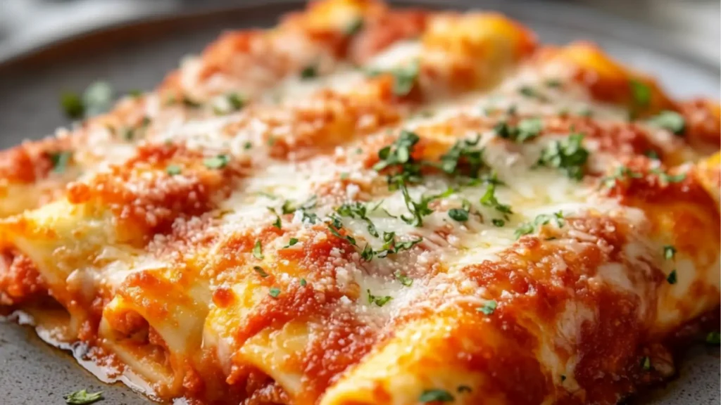 an image of a plate of food with the words manicotti above it and below