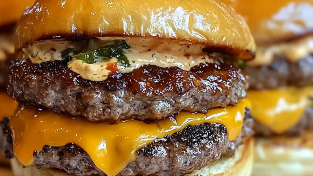hamburgers with cheese and bacon are on the gril