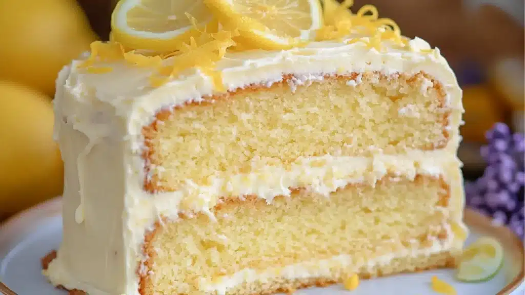 A cake with white frosting and lemon on top