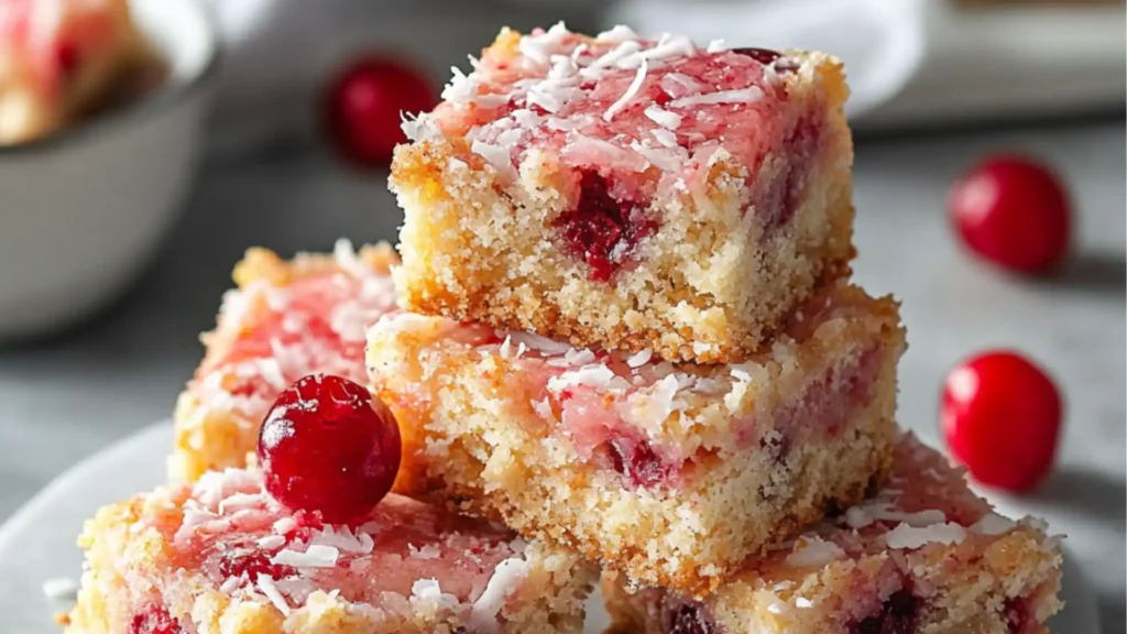 cherry coconut magic bars are stacked on top of each other and ready to be eaten