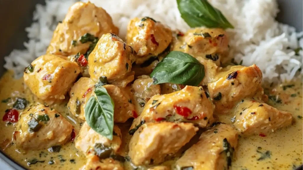 basil chicken with coconut curry sauce on top of rice in a white bowl and the same image