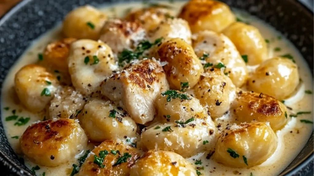 chicken and gnocchi sauce on a plate with potatoes