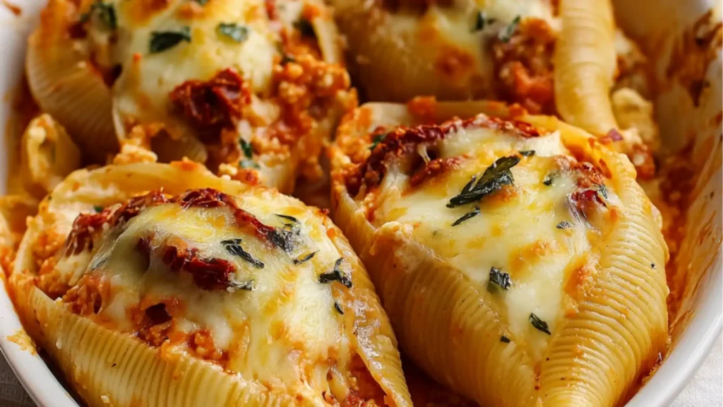 shells in a casserole dish with text overlay that reads ricotta and sun - dried tomato stuffed shells