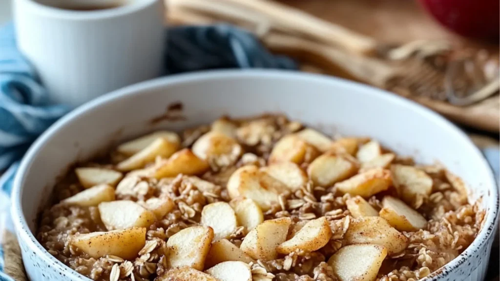 an image of baked oatmeal with apples on top